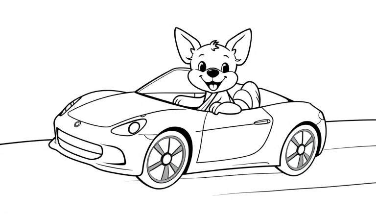 Dessin au trait noir et blanc d'un petit chien heureux au volant d'une voiture décapotable, avec des lignes suggérant la vitesse.