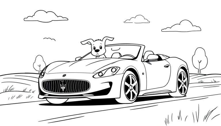 Coloriage d'un chien joyeux dans une voiture décapotable blanche, roulant sur une route de campagne avec des collines et des arbres en arrière-plan.