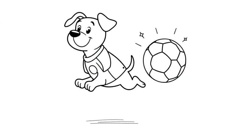 Dessin en noir et blanc d'un chien de dessin animé bondissant avec un ballon de football, prêt à être colorié.