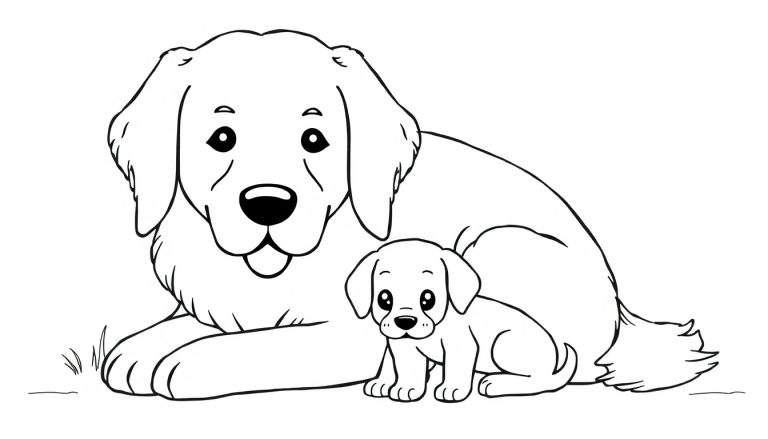 Coloriage d'une grande chienne et d'un chiot, style dessin animé, noir et blanc.