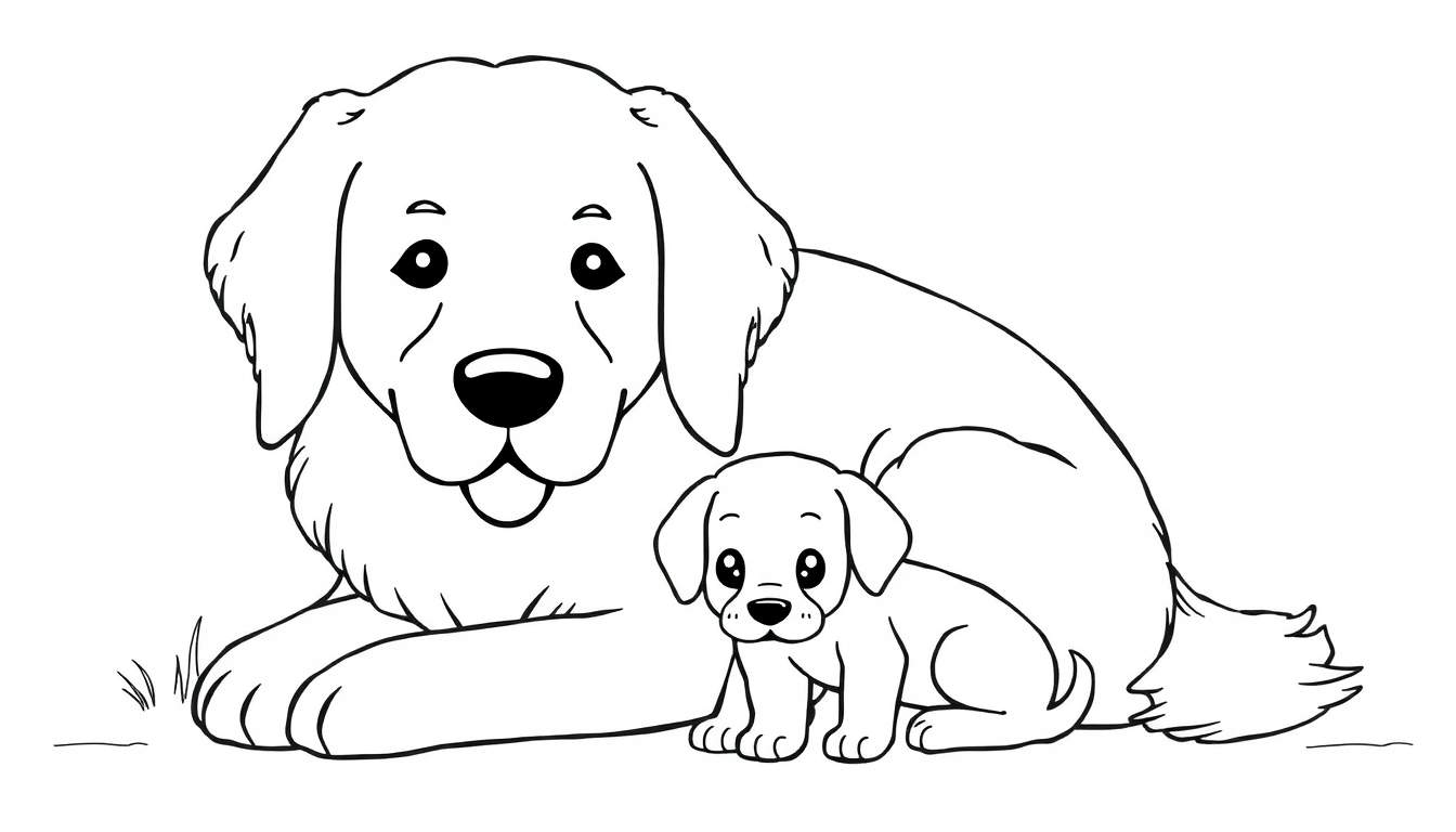 Coloriage d'une grande chienne et d'un chiot, style dessin animé, noir et blanc.