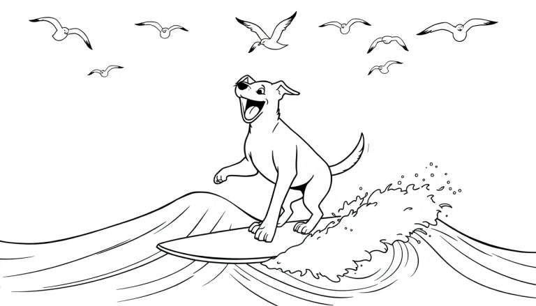 Dessin au trait d'un chien sur une planche de surf, affrontant une vague stylisée, avec des oiseaux planant dans le ciel, prêt à être colorisé.