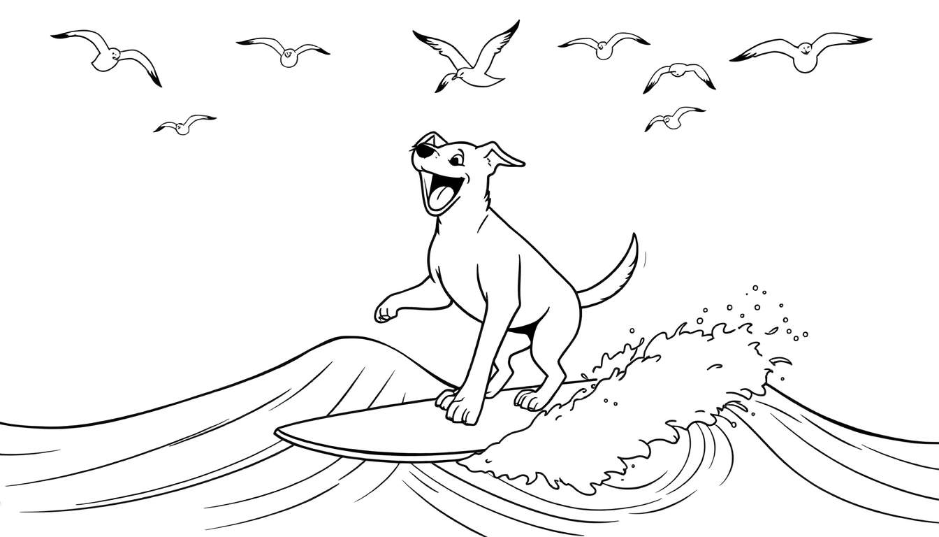 Dessin au trait d'un chien sur une planche de surf, affrontant une vague stylisée, avec des oiseaux planant dans le ciel, prêt à être colorisé.