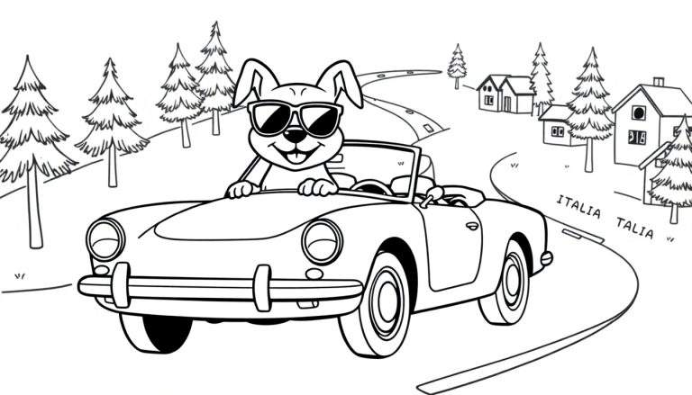 Coloriage d'un chien au volant d'une voiture de sport décapotable avec des lunettes de soleil.