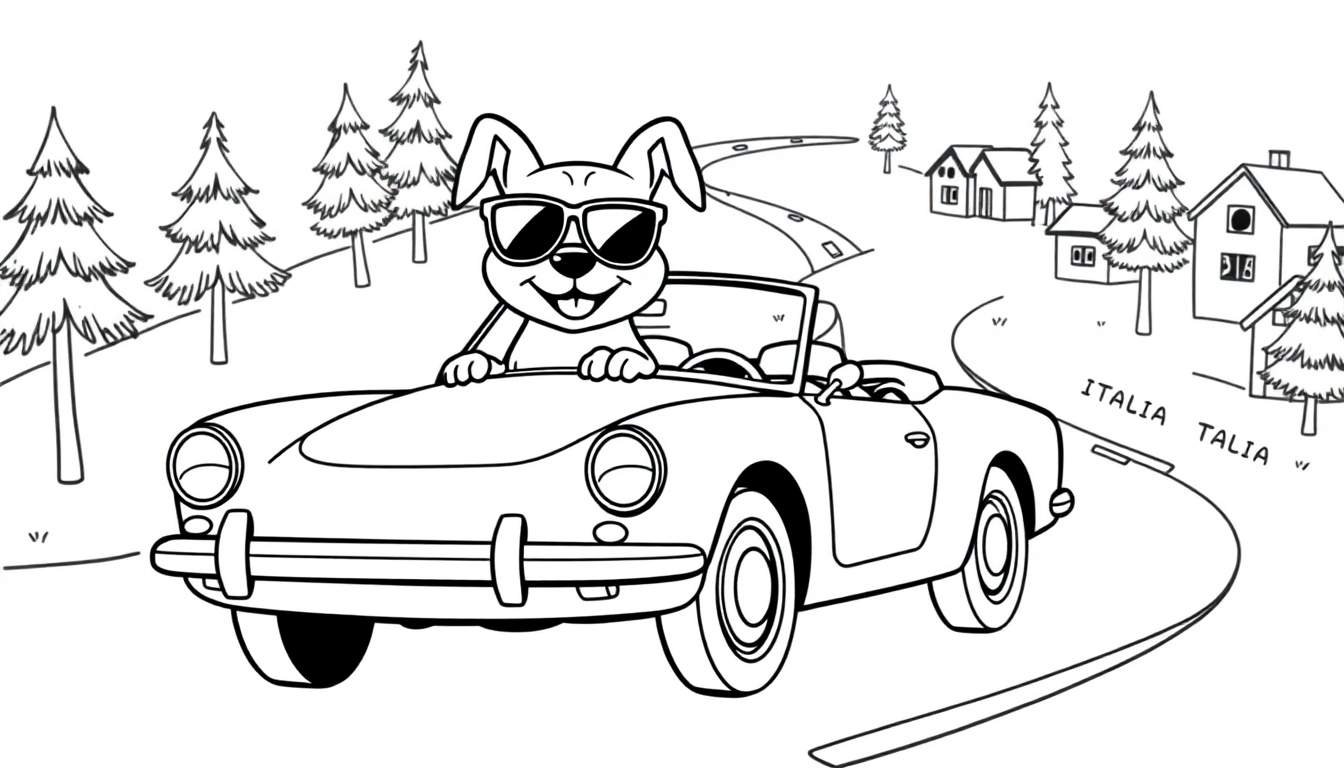Coloriage d'un chien au volant d'une voiture de sport décapotable avec des lunettes de soleil.