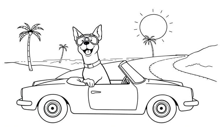 Coloriage d'un chien cool en voiture décapotable sur une plage.