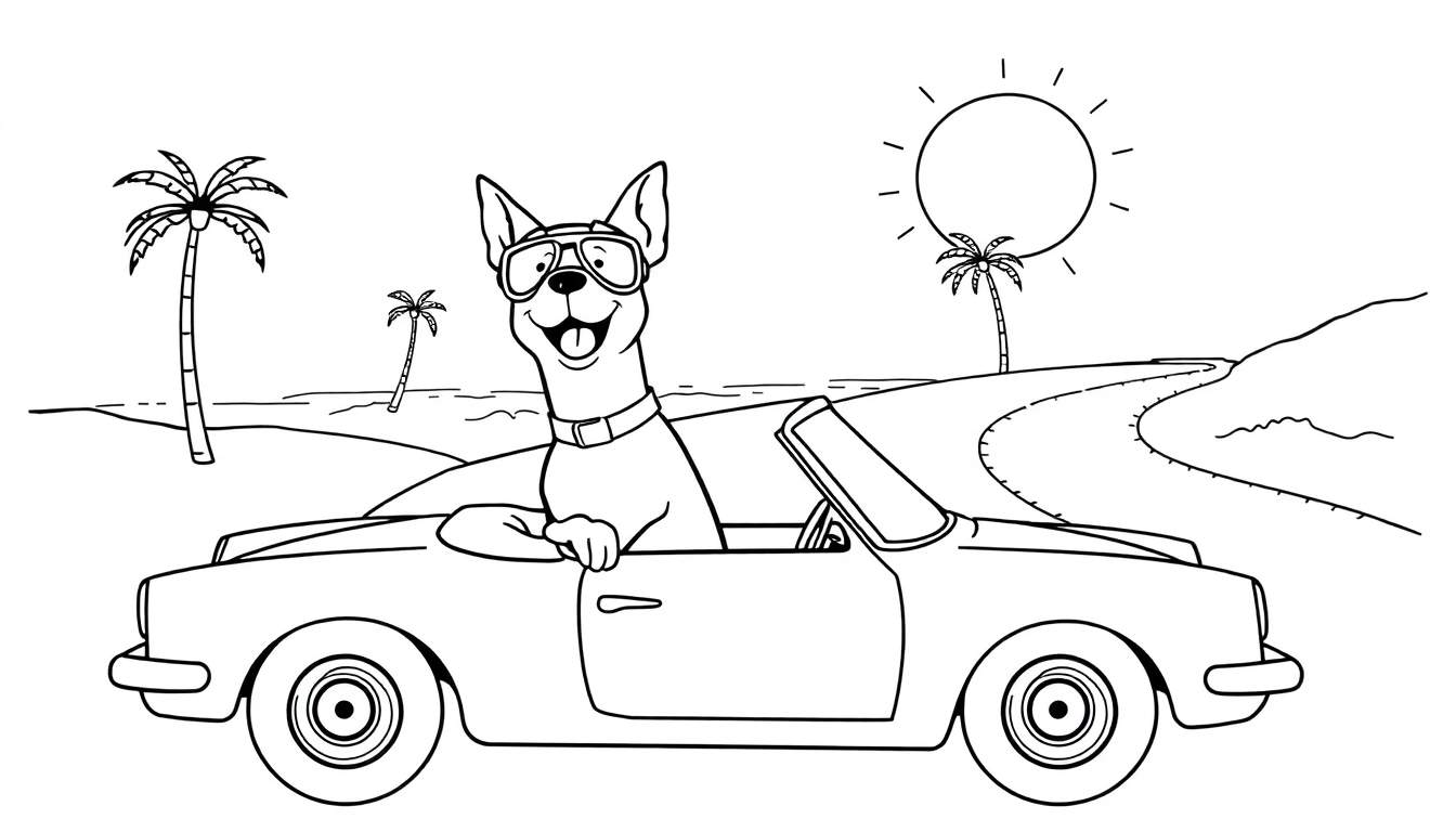 Coloriage d'un chien cool en voiture décapotable sur une plage.