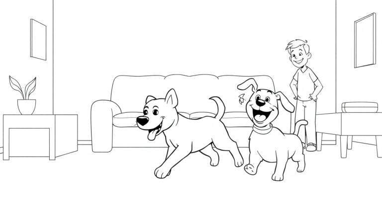 Dessin en noir et blanc d'un garçon regardant deux chiens qui courent dans un salon.