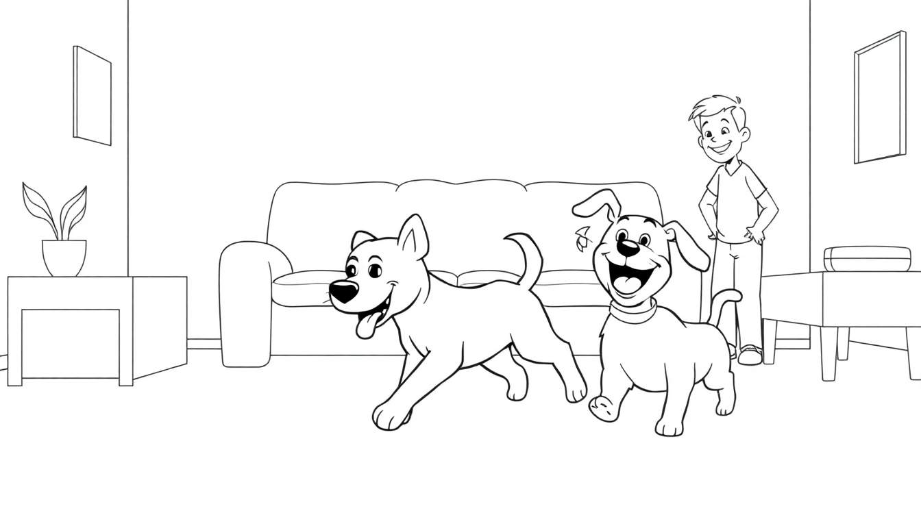 Dessin en noir et blanc d'un garçon regardant deux chiens qui courent dans un salon.