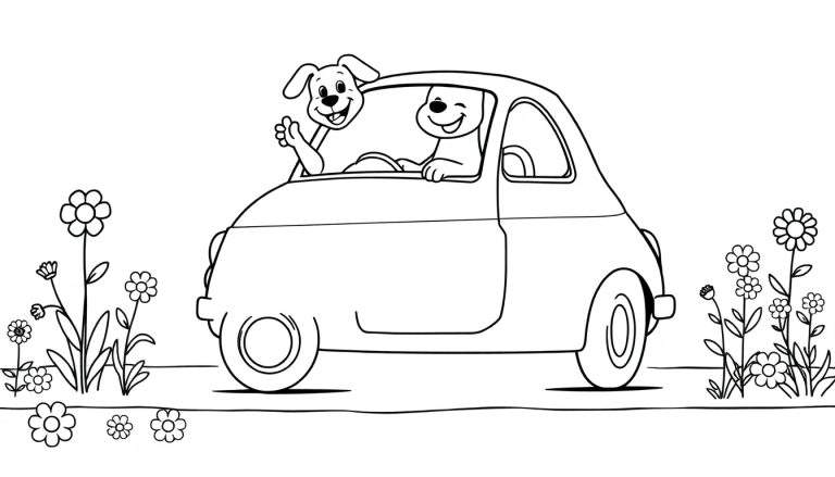 Dessin au trait noir et blanc d'un coloriage montrant deux chiens dans une voiture, l'un conduisant avec les yeux fermés et un sourire, l'autre agitant la patte par la fenêtre, entourés de fleurs stylisées.