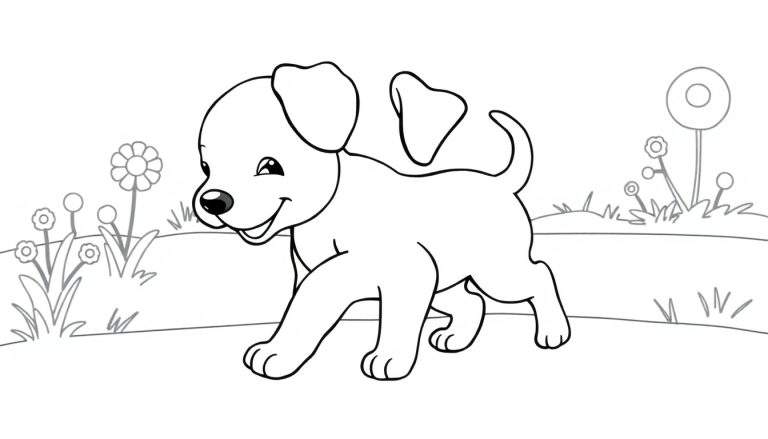 Dessin au trait en noir et blanc d'un chiot de dessin animé marchant parmi des fleurs et des plantes.