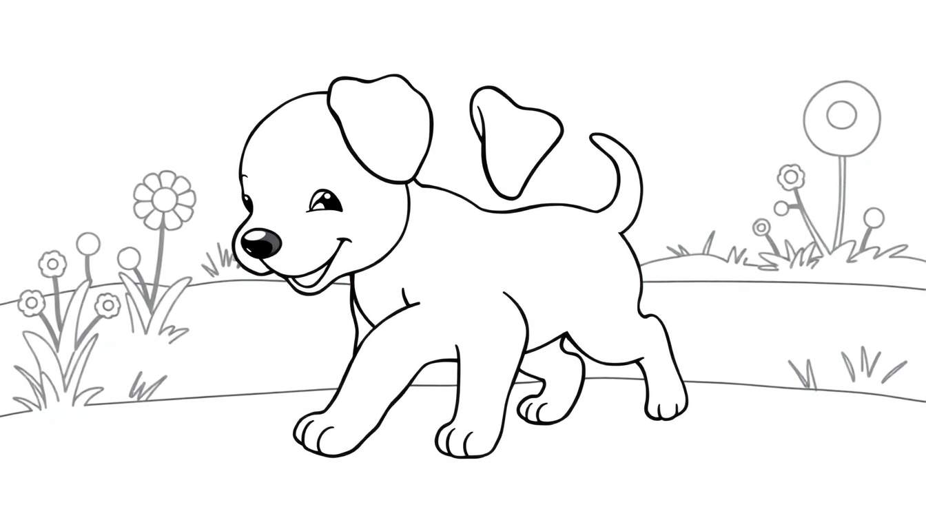 Dessin au trait en noir et blanc d'un chiot de dessin animé marchant parmi des fleurs et des plantes.
