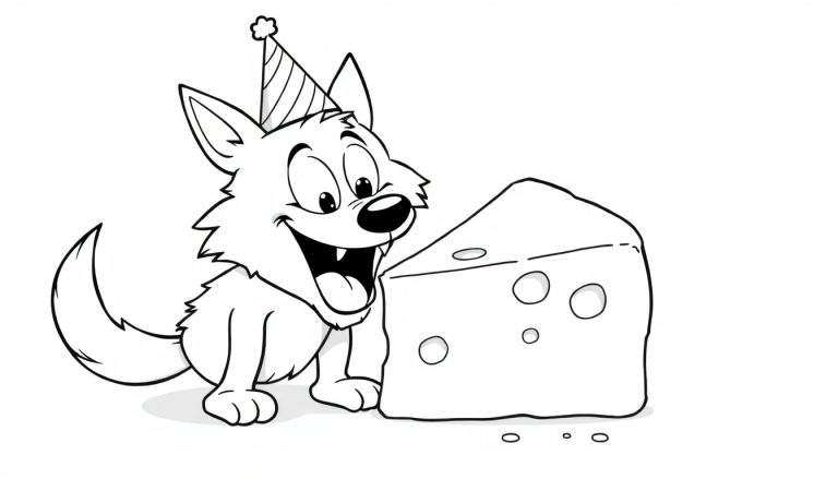 Dessin au trait d'un chiot heureux avec un chapeau de fête à côté d'un grand morceau de fromage gruyère