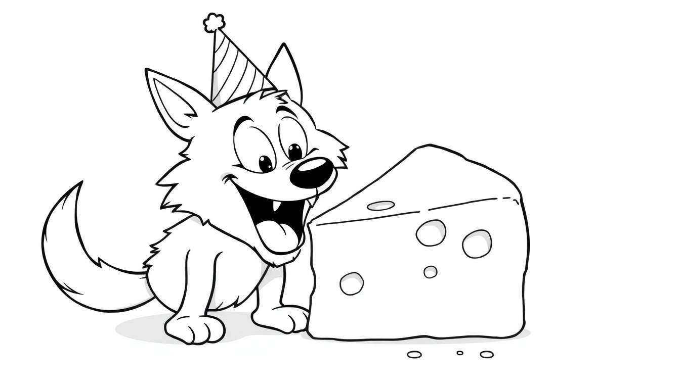 Dessin au trait d'un chiot heureux avec un chapeau de fête à côté d'un grand morceau de fromage gruyère
