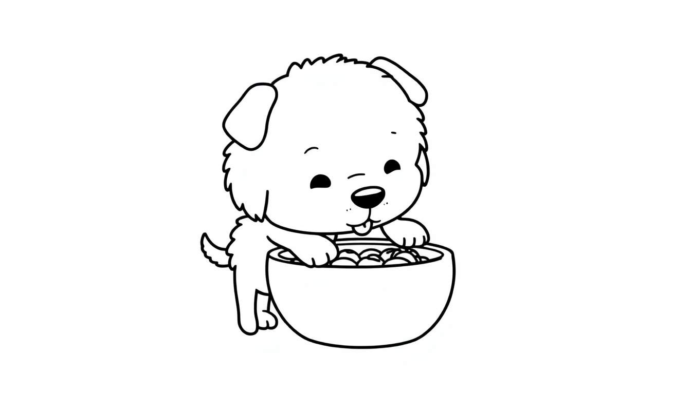 Dessin au trait d'un chiot mangeant dans un bol.