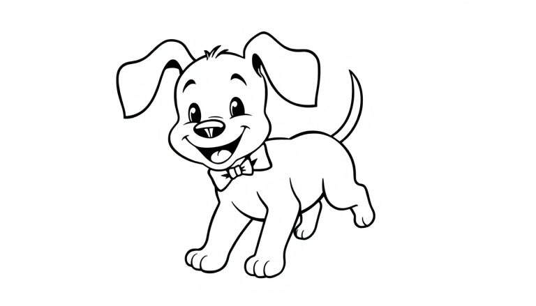 Dessin au trait d'un chiot mignon portant un nœud papillon, prêt à être colorié.