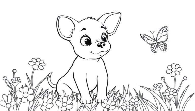 Dessin au trait d'un chiot mignon assis dans l'herbe avec des fleurs et un papillon volant au-dessus.