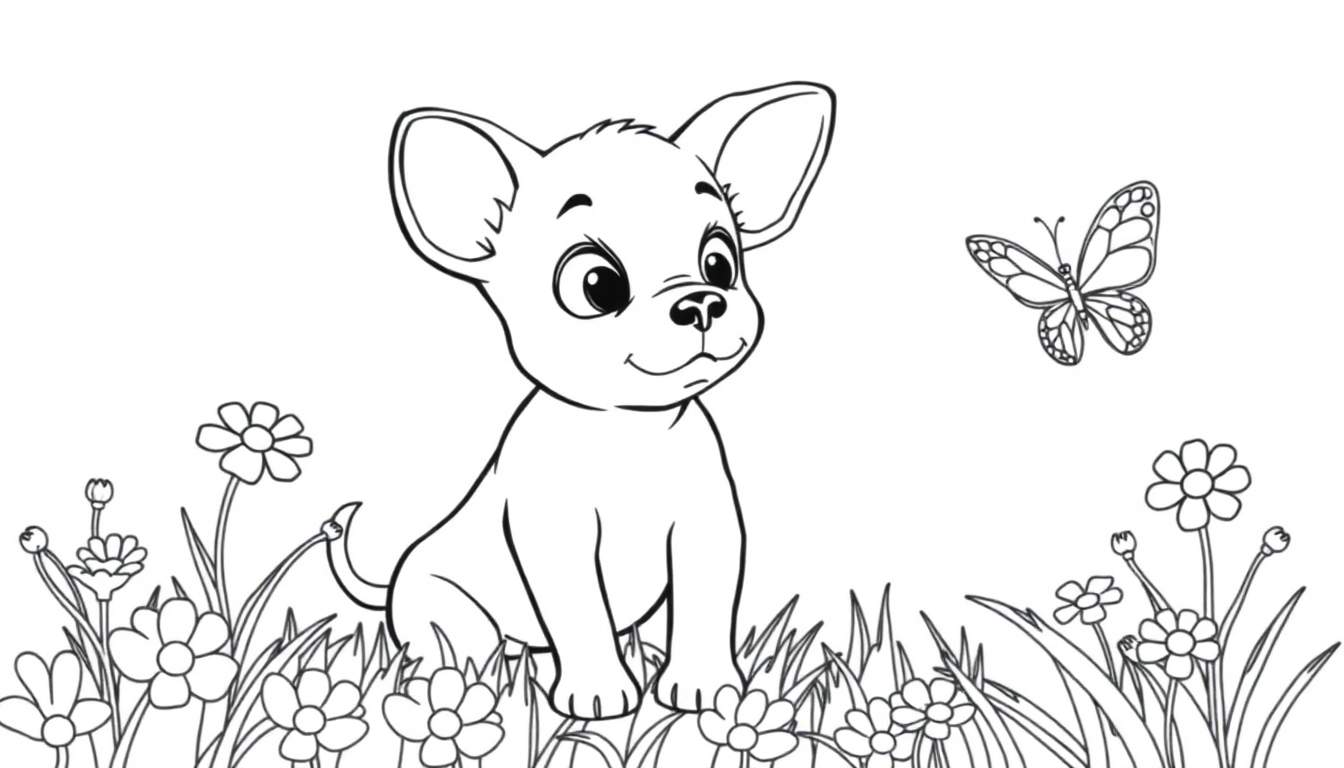 Dessin au trait d'un chiot mignon assis dans l'herbe avec des fleurs et un papillon volant au-dessus.