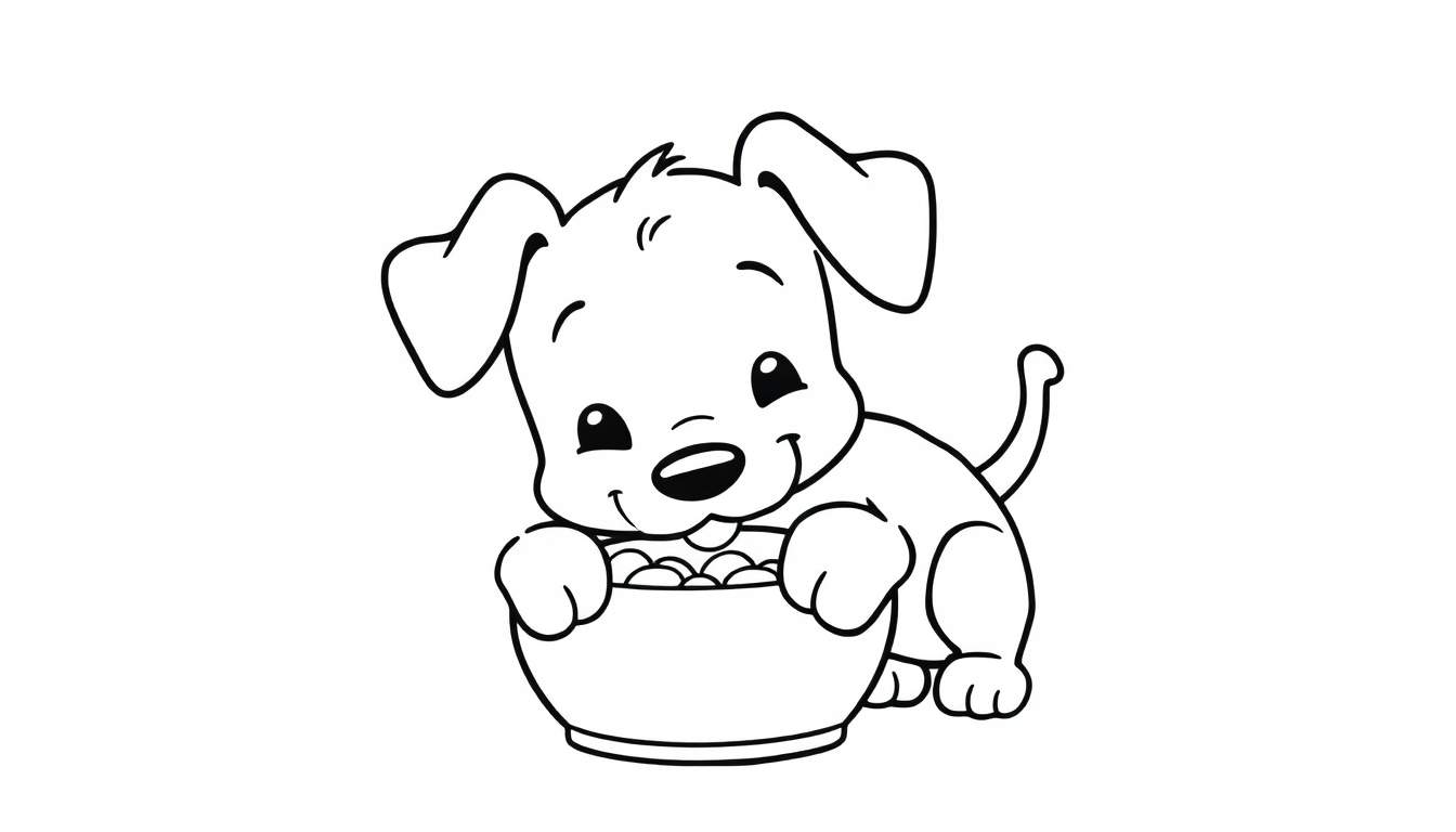 Coloriage d'un chiot avec de grandes oreilles tombantes et un grand sourire, mangeant dans une gamelle.