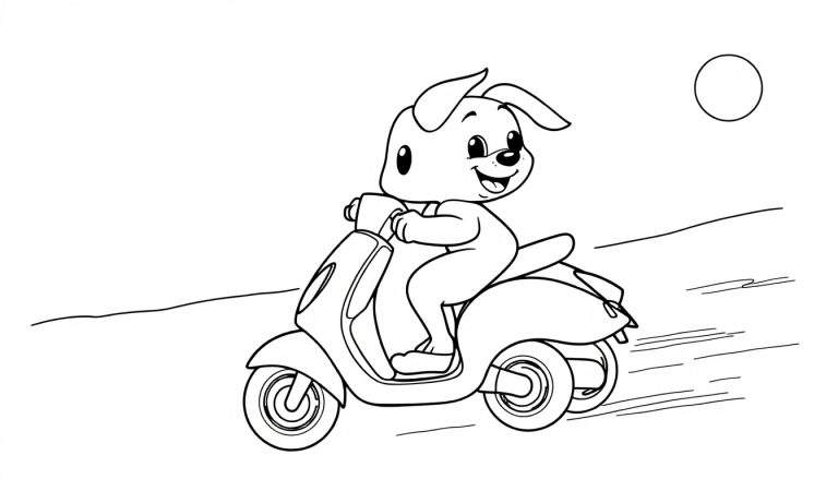 Dessin au trait d'un chiot de dessin animé conduisant un scooter avec un sourire, lignes de mouvement et un soleil.
