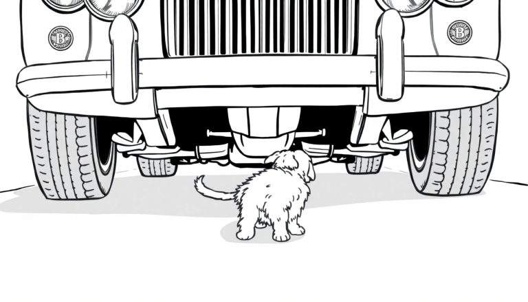 Dessin au trait noir et blanc d'un petit chiot poilu regardant sous un gros véhicule.
