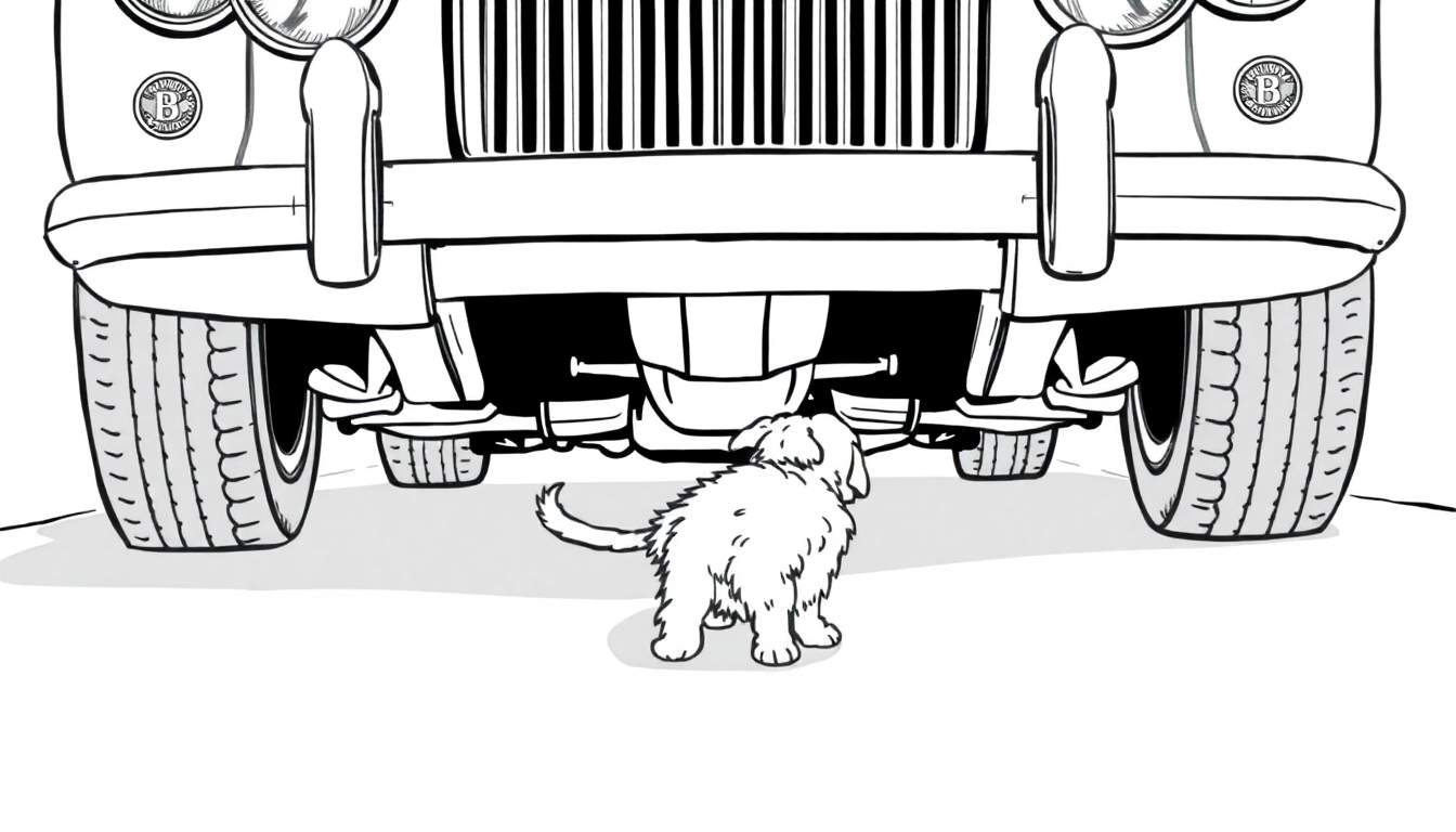Dessin au trait noir et blanc d'un petit chiot poilu regardant sous un gros véhicule.