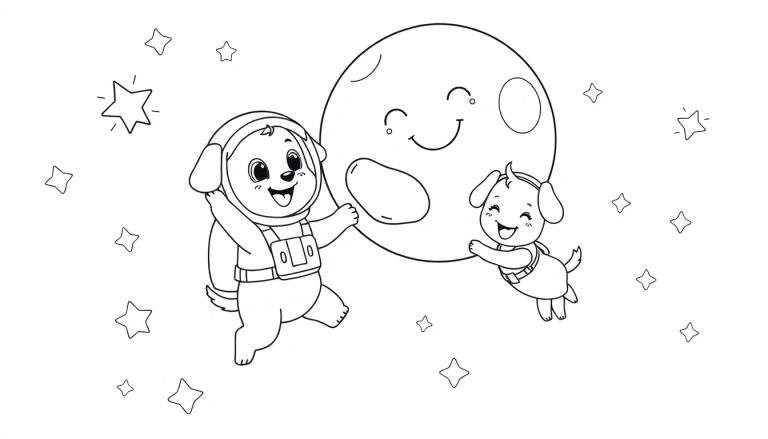 Dessin à colorier de deux chiots dans l'espace, l'un en costume d'astronaute, flottant près d'une lune souriante et d'étoiles.