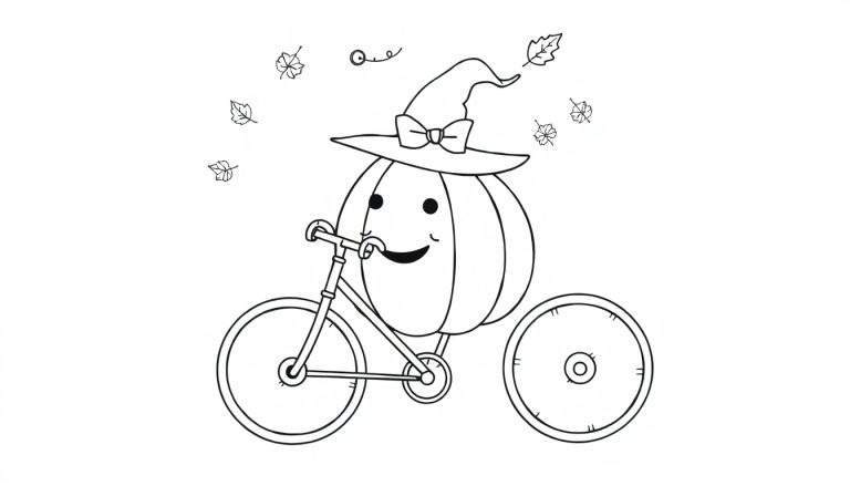 Coloriage d'une citrouille souriante avec un chapeau de sorcier et un nœud papillon, assise sur un tricycle avec des feuilles d'automne.