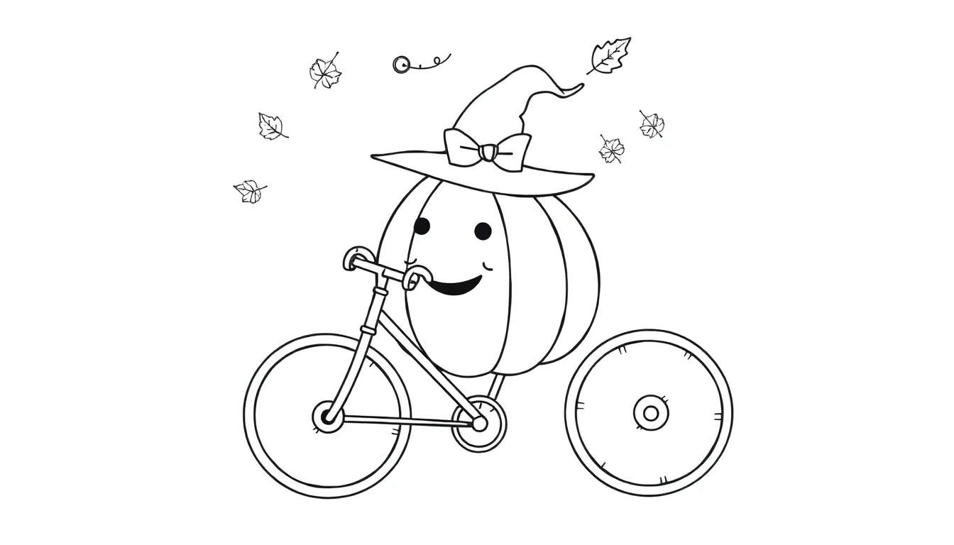 Coloriage d'une citrouille souriante avec un chapeau de sorcier et un nœud papillon, assise sur un tricycle avec des feuilles d'automne.