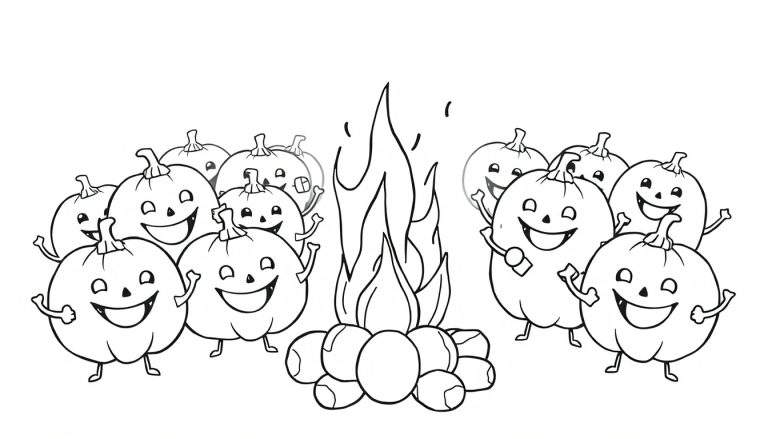 Dessin de coloriage : plusieurs citrouilles avec des visages souriants dansent joyeusement autour d'un feu de camp.