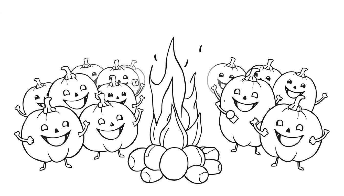 Dessin de coloriage : plusieurs citrouilles avec des visages souriants dansent joyeusement autour d'un feu de camp.