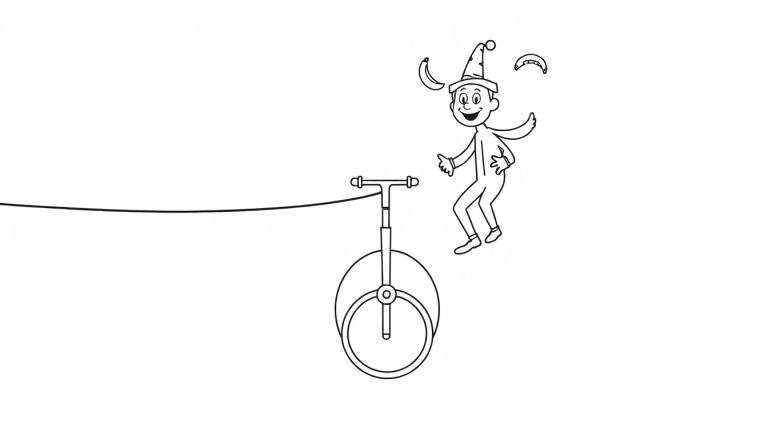 Dessin au trait d'un clown jonglant avec trois bananes sur un monocycle, avec une ligne de funambule en arrière-plan.