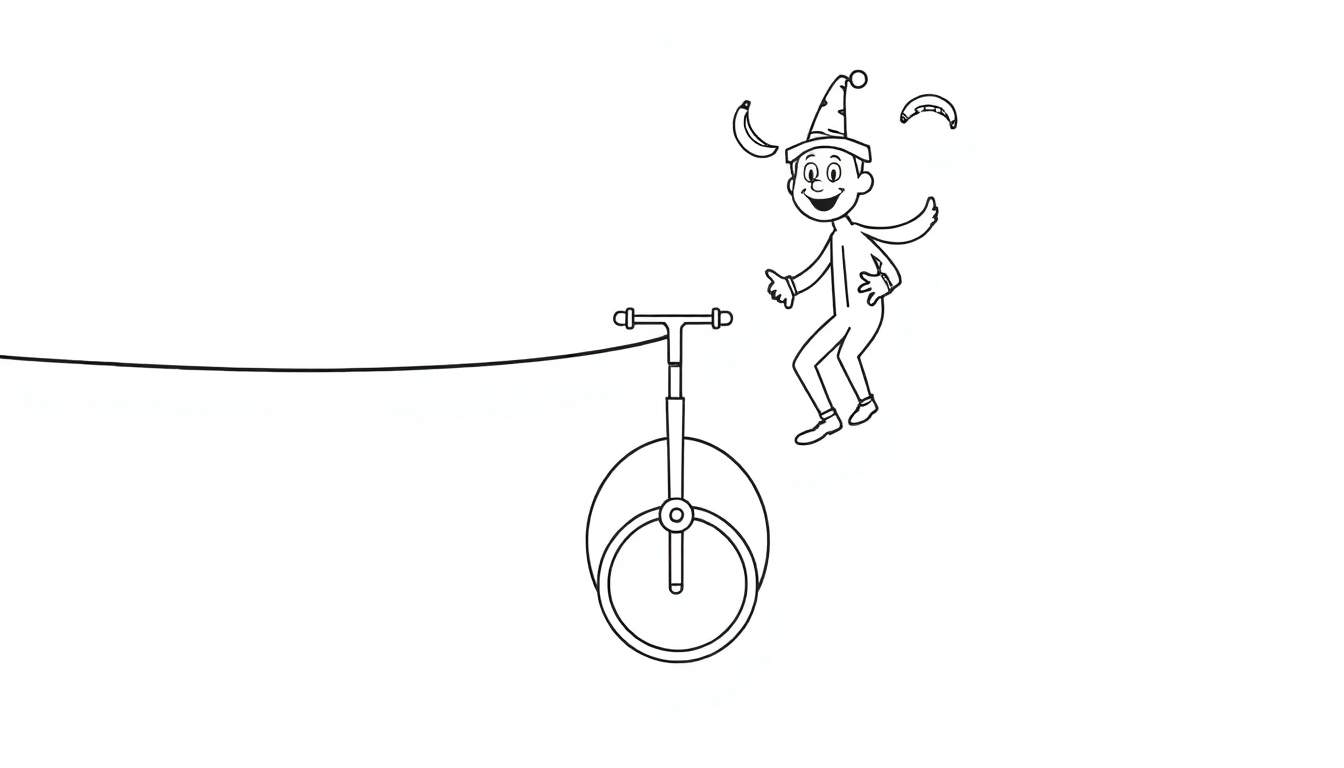 Dessin au trait d'un clown jonglant avec trois bananes sur un monocycle, avec une ligne de funambule en arrière-plan.