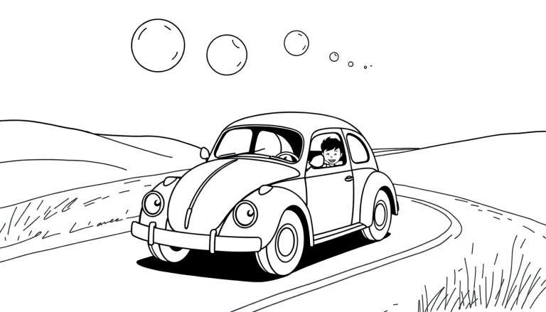 Dessin au trait noir et blanc d'une voiture Volkswagen Coccinelle avec un garçon souriant au volant, sur une route de campagne avec des bulles dans le ciel.