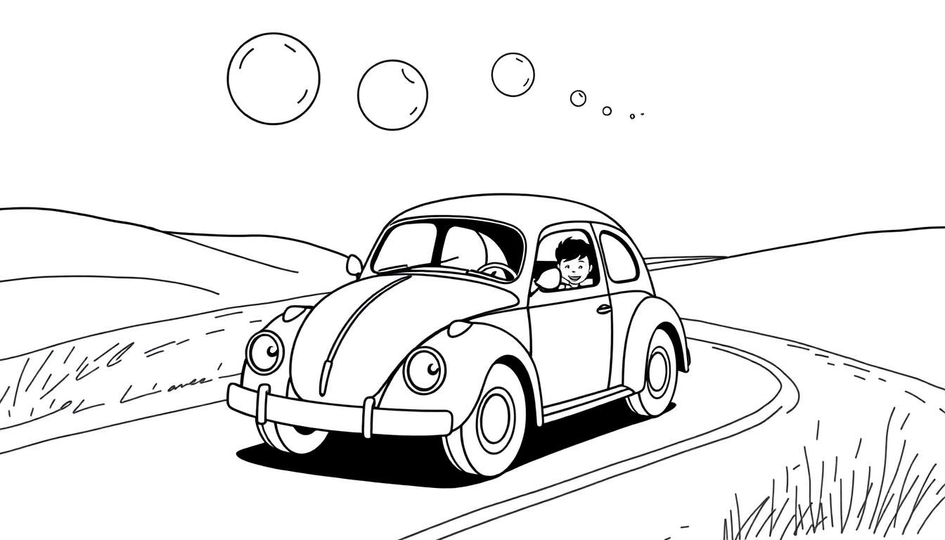 Dessin au trait noir et blanc d'une voiture Volkswagen Coccinelle avec un garçon souriant au volant, sur une route de campagne avec des bulles dans le ciel.