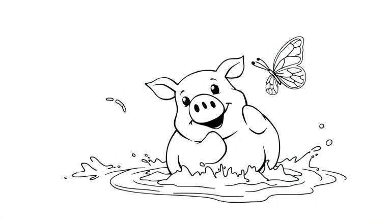 Dessin au trait noir et blanc d'un cochon joyeux éclaboussant dans l'eau, avec un papillon coloré volant au-dessus.