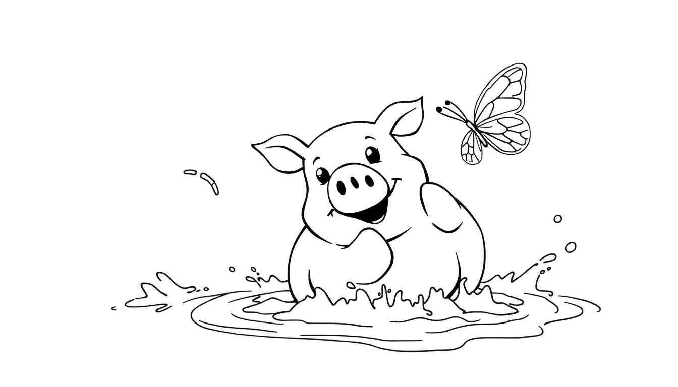 Dessin au trait noir et blanc d'un cochon joyeux éclaboussant dans l'eau, avec un papillon coloré volant au-dessus.