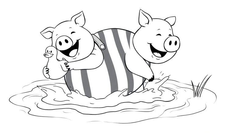 Coloriage de deux cochons mignons jouant dans l'eau, l'un tient un caneton, l'autre éclabousse.