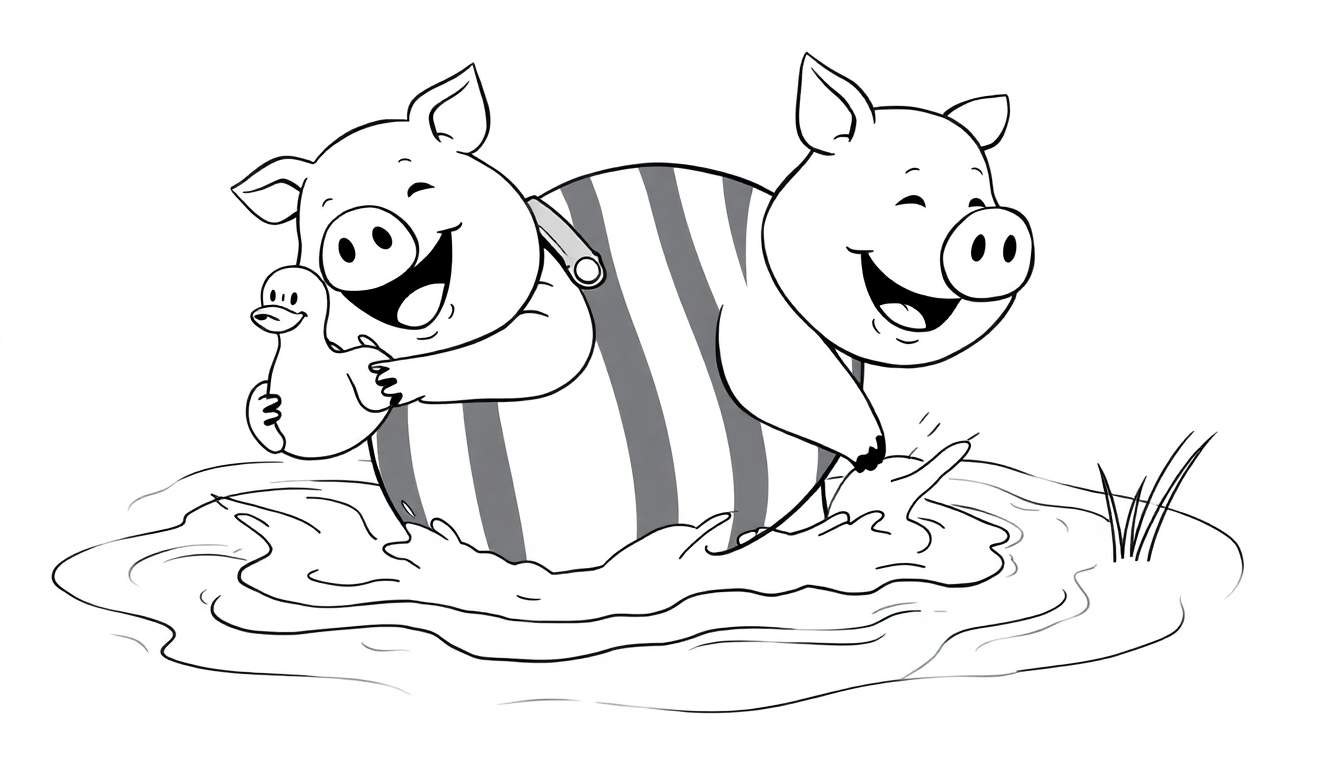 Coloriage de deux cochons mignons jouant dans l'eau, l'un tient un caneton, l'autre éclabousse.