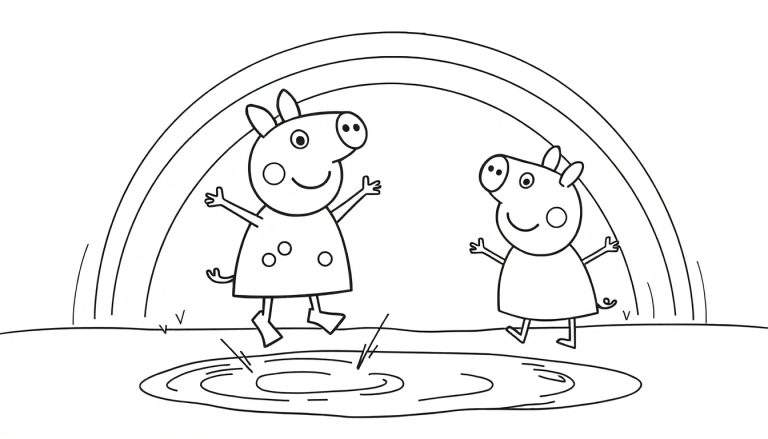 Dessin au trait de deux cochons souriants avec les bras levés dans une flaque d'eau sous un arc-en-ciel, le grand cochon portant une robe à pois.
