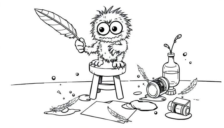 Dessin au trait noir et blanc d'une créature poilue assise sur un tabouret, tenant une plume, avec une bouteille, des stylos, des plumes et du papier au sol.