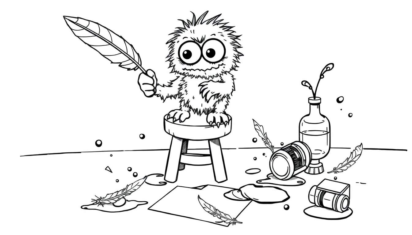 Dessin au trait noir et blanc d'une créature poilue assise sur un tabouret, tenant une plume, avec une bouteille, des stylos, des plumes et du papier au sol.
