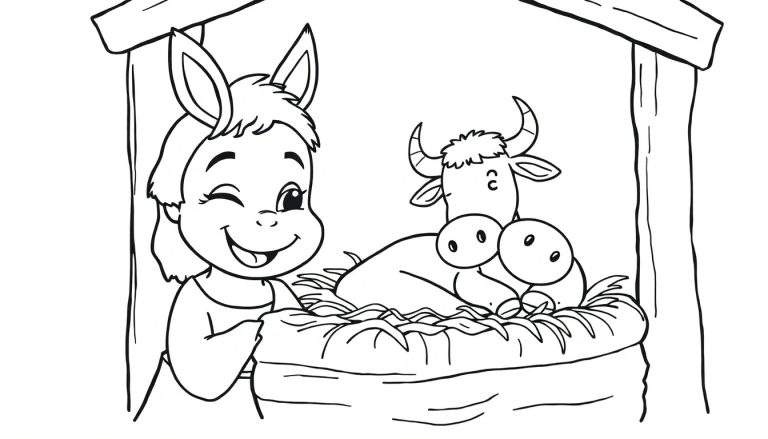 Coloriage d'une crèche de Noël avec un bébé âne qui fait un clin d'œil et un petit veau couché dans la paille.
