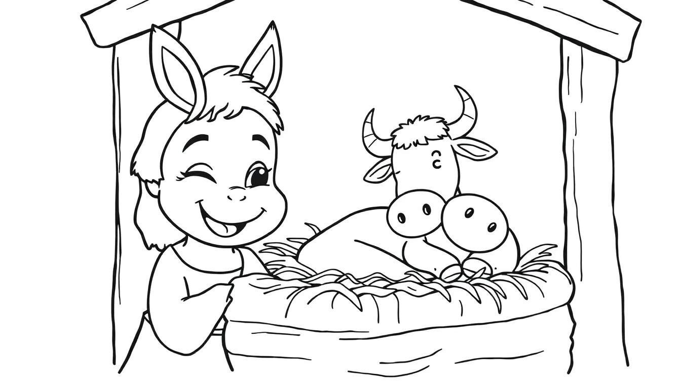 Coloriage d'une crèche de Noël avec un bébé âne qui fait un clin d'œil et un petit veau couché dans la paille.