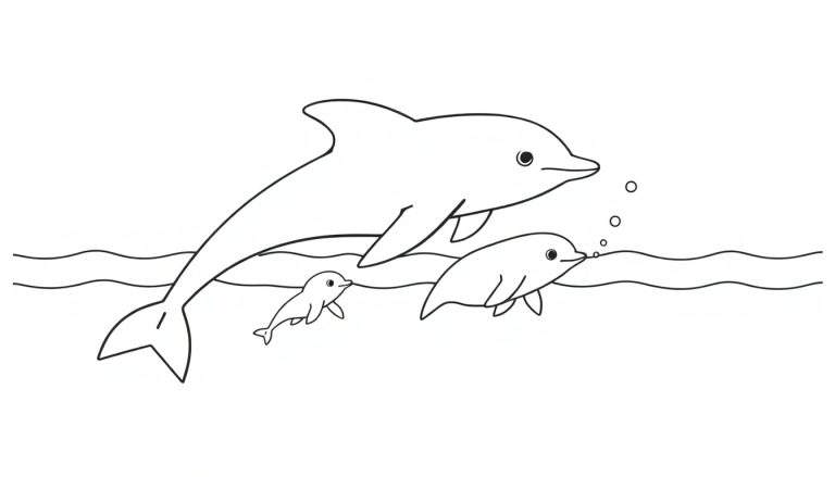 Coloriage de trois dauphins, un grand sautant hors de l'eau et deux plus petits nageant en dessous avec des bulles.