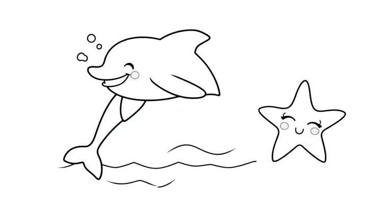 Dessin au trait d'un dauphin sautant hors de l'eau avec des bulles, à côté d'une étoile de mer souriante.