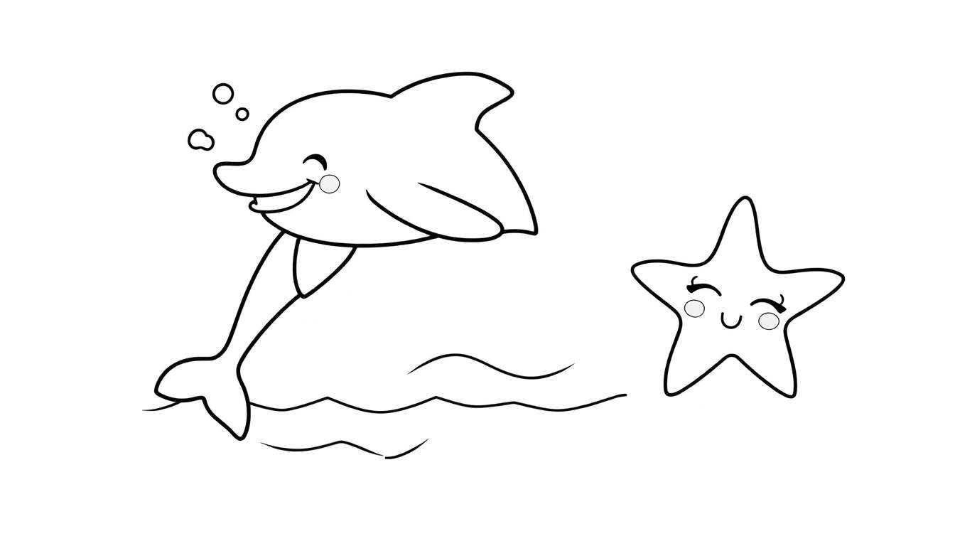 Dessin au trait d'un dauphin sautant hors de l'eau avec des bulles, à côté d'une étoile de mer souriante.