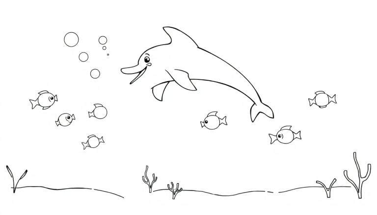 Coloriage d'un dauphin souriant nageant dans l'océan avec des poissons et des bulles.