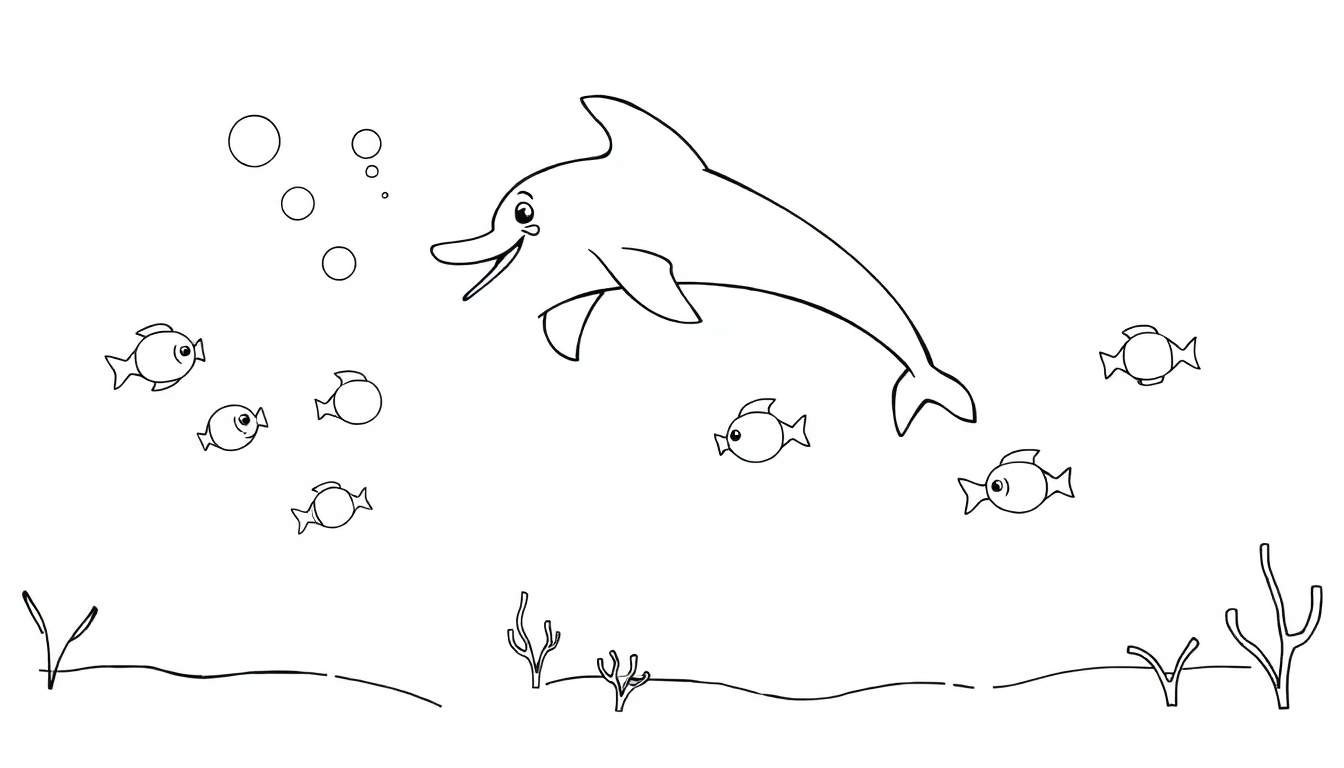 Coloriage d'un dauphin souriant nageant dans l'océan avec des poissons et des bulles.