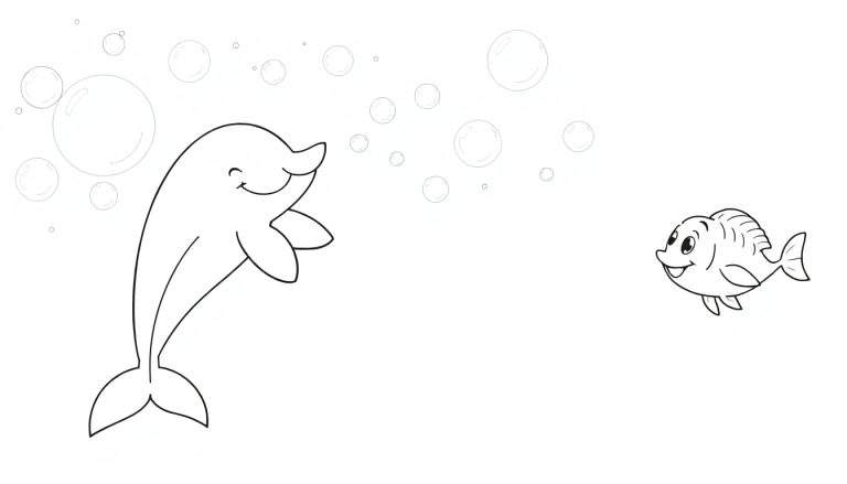 Dessin au trait d'un dauphin et d'un poisson souriants sous l'eau, avec des bulles.